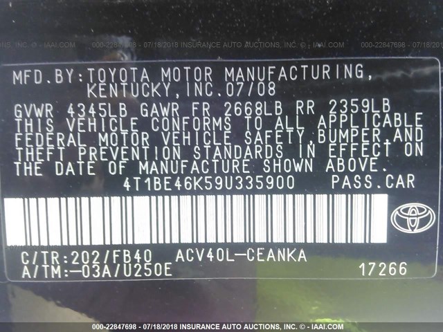 4T1BE46K59U335900 - 2009 TOYOTA CAMRY SE/LE/XLE BLACK photo 9