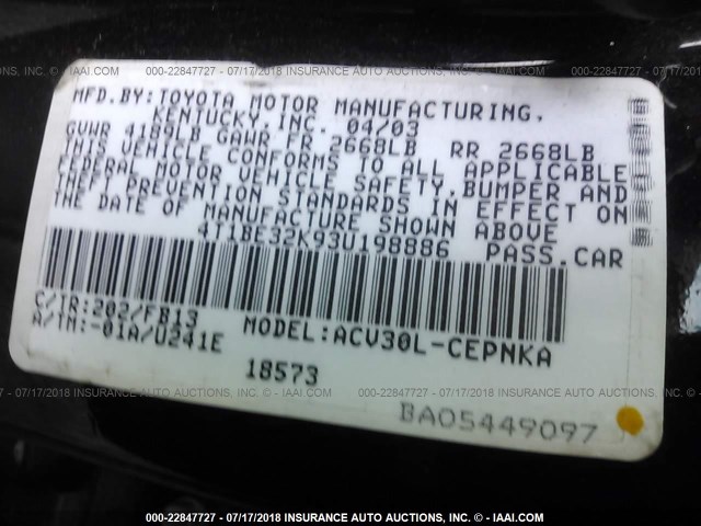 4T1BE32K93U198886 - 2003 TOYOTA CAMRY LE/XLE/SE 黑色 照片 9