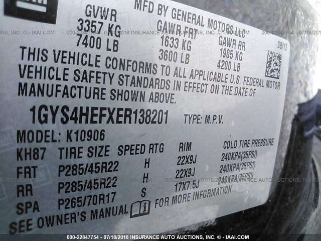 1GYS4HEFXER138201 - 2014 CADILLAC ESCALADE ESV LUXURY BLACK photo 9