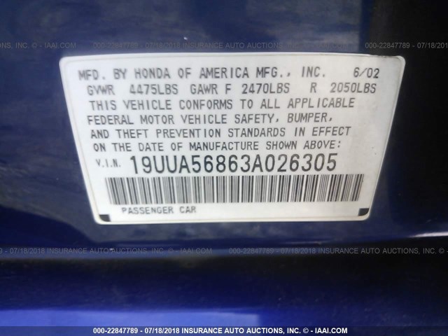 19UUA56863A026305 - 2003 ACURA 3.2TL TYPE-S BLUE photo 9