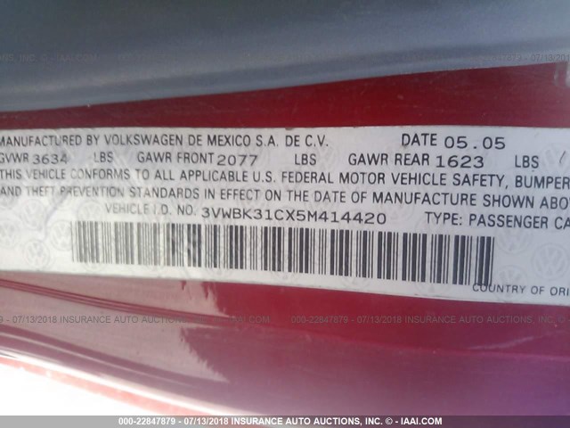 3VWBK31CX5M414420 - 2005 VOLKSWAGEN NEW BEETLE GL 红色 照片 9