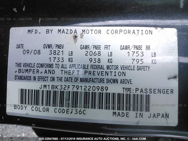 JM1BK32F791220989 - 2009 MAZDA 3 I GRAY photo 9