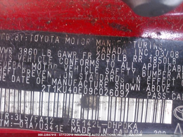 2T1KU40E09C026097 - 2009 TOYOTA COROLLA MATRIX  RED photo 9