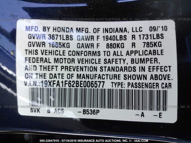 19XFA1F62BE006577 - 2011 HONDA CIVIC LX-S BLUE photo 9