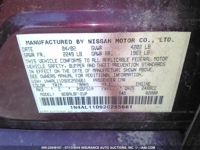 1N4AL11D92C255661 - 2002 NISSAN ALTIMA S/SL RED photo 9