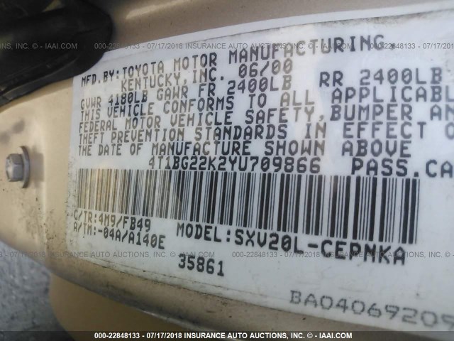 4T1BG22K2YU709866 - 2000 TOYOTA CAMRY CE/LE/XLE TAN photo 9