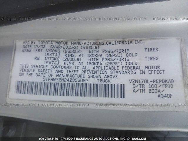 5TEHN72N24Z353092 - 2004 TOYOTA TACOMA DOUBLE CAB ნაცრისფერი ფოტო 9