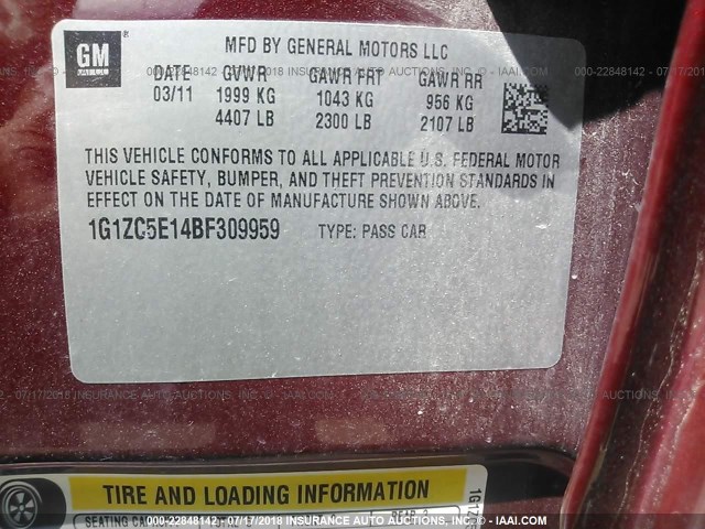 1G1ZC5E14BF309959 - 2011 CHEVROLET MALIBU 1LT 红色 照片 9