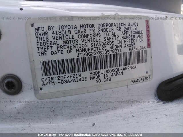 JT2BG22K610578371 - 2001 TOYOTA CAMRY CE/LE/XLE 白色 照片 9