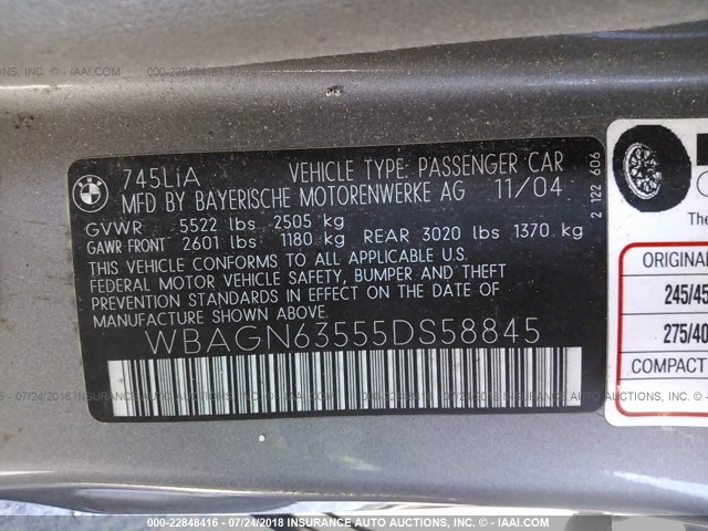 WBAGN63555DS58845 - 2005 BMW 745 LI Gris photo 9