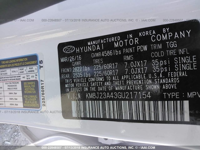 KM8J23A43GU217154 - 2016 HYUNDAI TUCSON SE WHITE photo 9