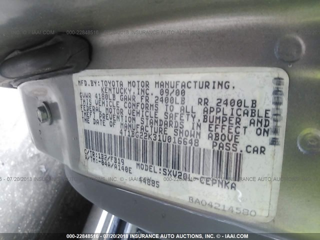 4T1BG22K31U016648 - 2001 TOYOTA CAMRY CE/LE/XLE 灰色 照片 9
