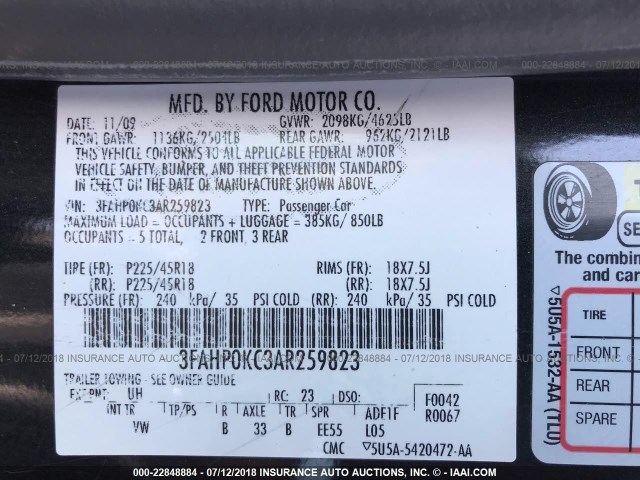 3FAHP0KC3AR259823 - 2010 FORD FUSION SPORT BLACK photo 9