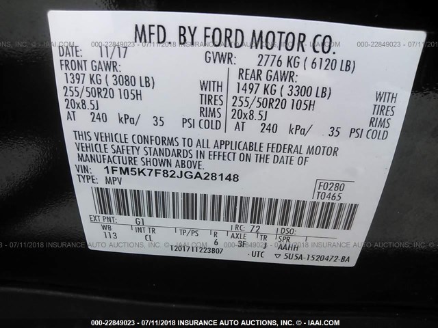 1FM5K7F82JGA28148 - 2018 FORD EXPLORER LIMITED 黑色 照片 9