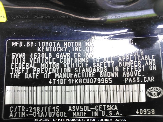 4T1BF1FK8CU079965 - 2012 TOYOTA CAMRY SE/LE/XLE 黑色 照片 9