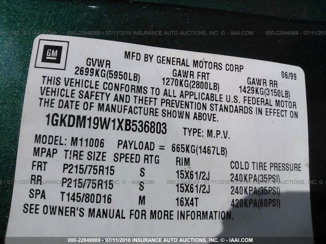 1GKDM19W1XB536803 - 1999 GMC SAFARI XT GREEN photo 9