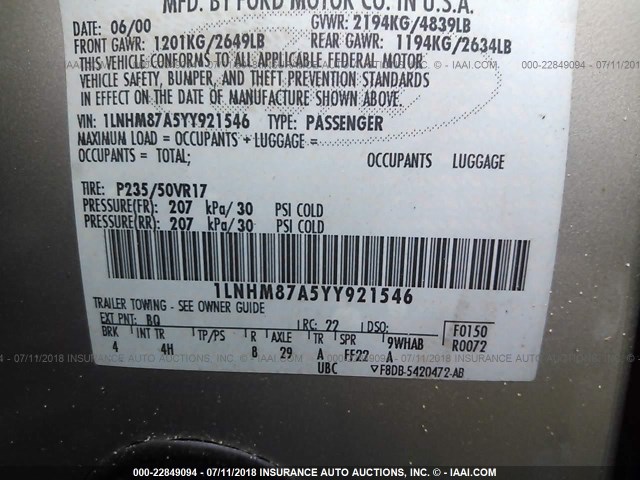 1LNHM87A5YY921546 - 2000 LINCOLN LS 棕色 照片 9