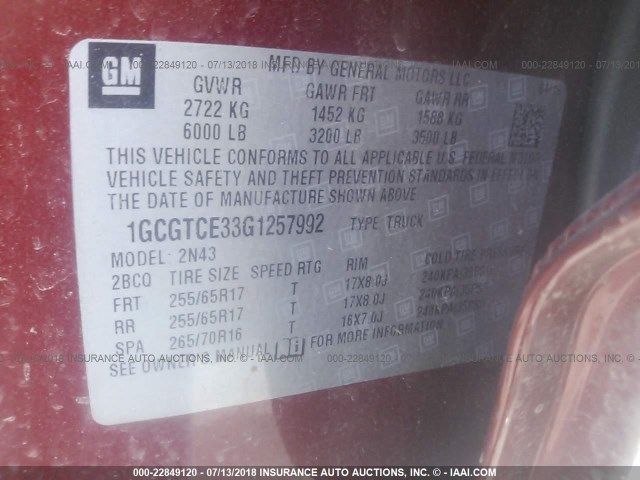 1GCGTCE33G1257992 - 2016 CHEVROLET COLORADO LT RED photo 9