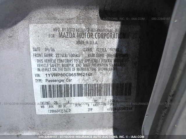 1YVHP80C965M62148 - 2006 MAZDA 6 I Srebrny zdjęcie 9