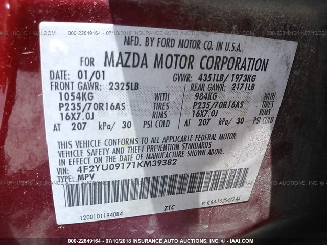4F2YU09171KM39382 - 2001 MAZDA TRIBUTE LX/ES წითელი ფოტო 9