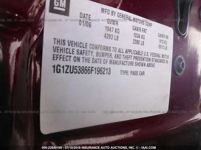 1G1ZU53866F196213 - 2006 CHEVROLET MALIBU LTZ წითელი ფოტო 9