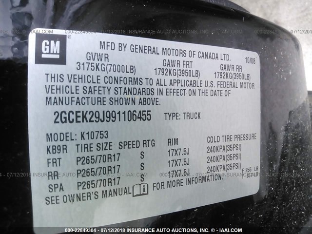 2GTEK29J891135882 - 2009 GMC SIERRA BLACK photo 9