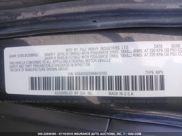 4S4WX92D984418163 - 2008 SUBARU TRIBECA LIMITED GRAY photo 9