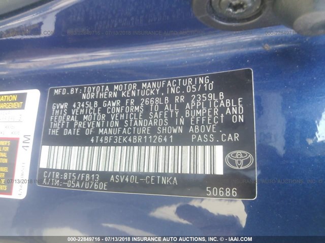 4T4BF3EK4BR112641 - 2011 TOYOTA CAMRY SE/LE/XLE 蓝色 照片 9