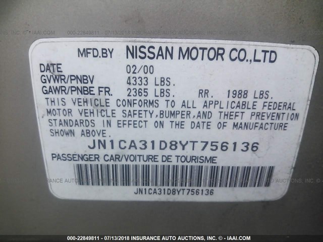 JN1CA31D8YT756136 - 2000 NISSAN MAXIMA GLE/GXE/SE BEIGE photo 9