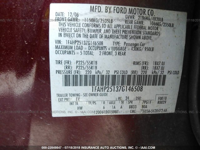 1FAHP25137G146508 - 2007 FORD FIVE HUNDRED LIMITED RED photo 9