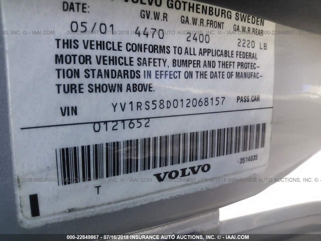 YV1RS58D012068157 - 2001 VOLVO S60 2.4T SILVER photo 9