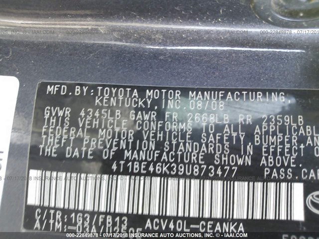 4T1BE46K39U873477 - 2009 TOYOTA CAMRY SE/LE/XLE ნაცრისფერი ფოტო 9