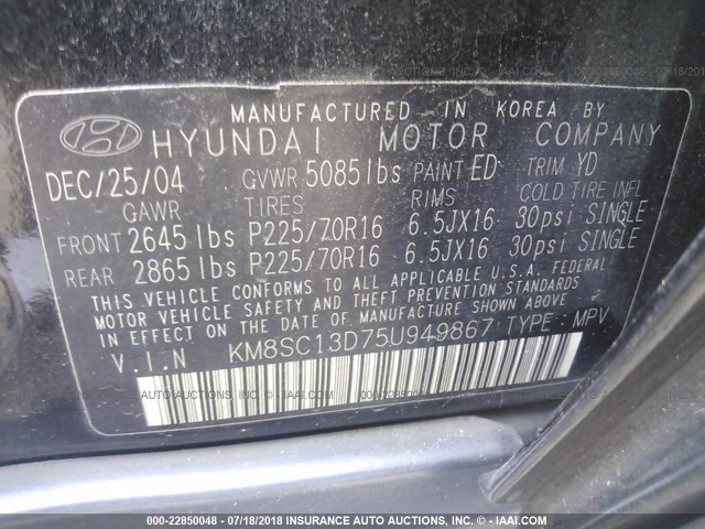 KM8SC13D75U949867 - 2005 HYUNDAI SANTA FE GLS/LX BLACK photo 9