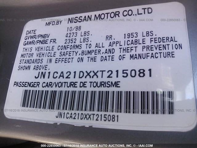 JN1CA21DXXT215081 - 1999 NISSAN MAXIMA GLE/GXE/SE GRAY photo 9