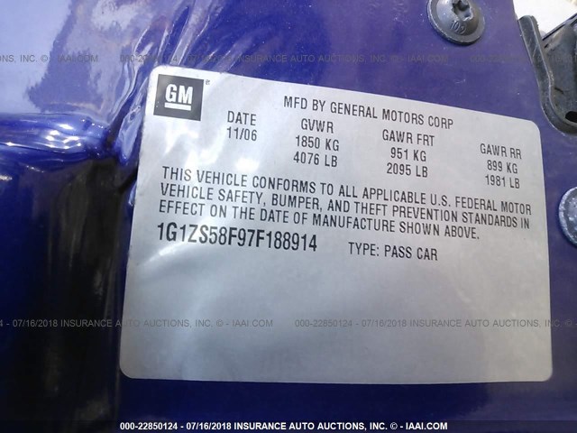 1G1ZS58F97F188914 - 2007 CHEVROLET MALIBU LS ლურჯი ფოტო 9