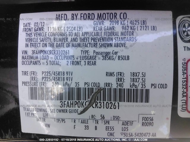 3FAHP0KC9CR310261 - 2012 FORD FUSION SPORT BLACK photo 9