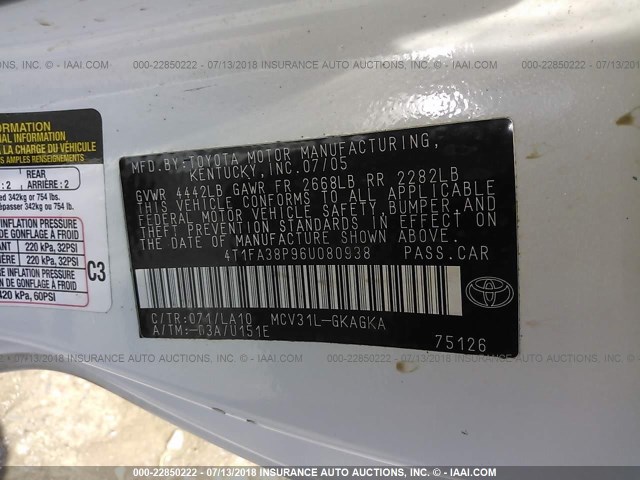 4T1FA38P96U080938 - 2006 TOYOTA CAMRY SOLARA SE/SLE Ağ foto 9