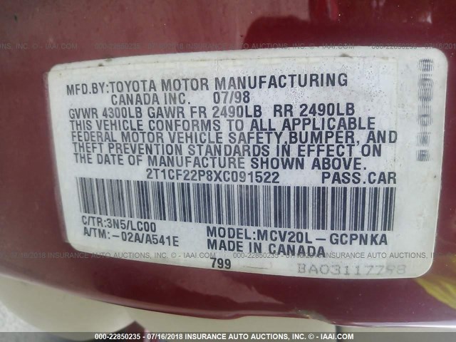 2T1CF22P8XC091522 - 1999 TOYOTA CAMRY SOLARA SE/SLE RED photo 9