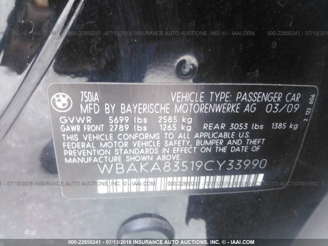WBAKA83519CY33990 - 2009 BMW 750 I BLACK photo 9