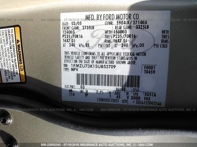 1FMZU73K15UB53709 - 2005 FORD EXPLORER XLT/XLT SPORT/NBX 金色 照片 9