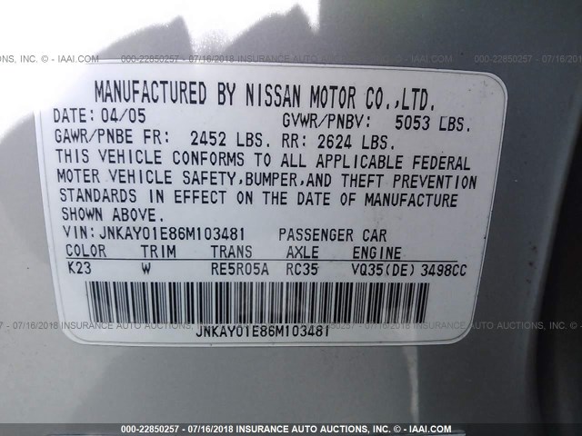 JNKAY01E86M103481 - 2006 INFINITI M35 SPORT SILVER photo 9