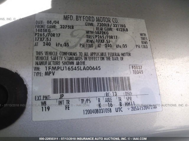 1FMPU16545LA00645 - 2005 FORD EXPEDITION XLT SILVER photo 9