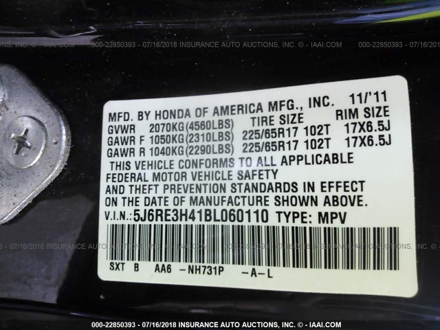 5J6RE3H41BL060110 - 2011 HONDA CR-V SE BLACK photo 9