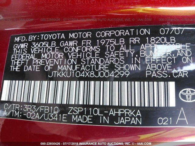 JTKKU104X8J004299 - 2008 TOYOTA SCION XD RED photo 9