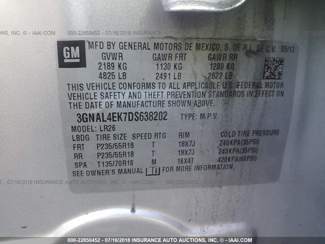 3GNAL4EK7DS638202 - 2013 CHEVROLET CAPTIVA LTZ SILVER photo 9