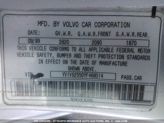 YV1VS2550YF468314 - 2000 VOLVO S40 SILVER photo 9