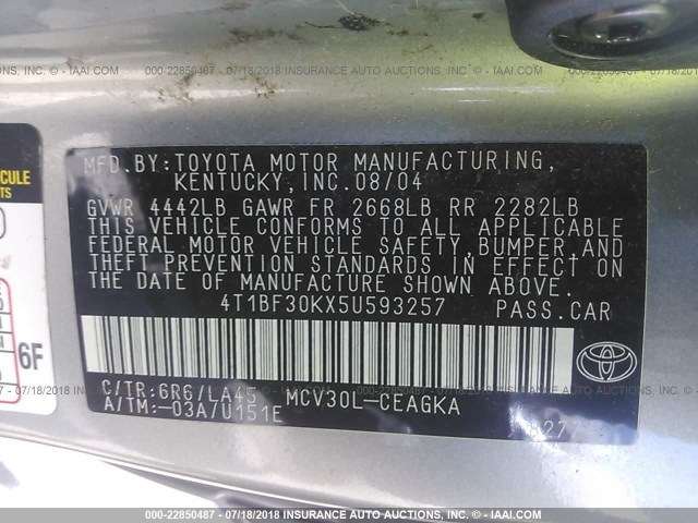 4T1BF30KX5U593257 - 2005 TOYOTA CAMRY LE/XLE/SE Boz foto 9