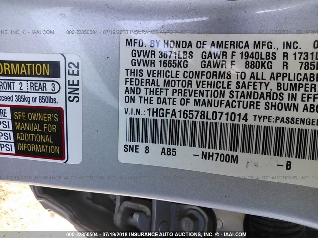 1HGFA16578L071014 - 2008 HONDA CIVIC LX SILVER photo 9