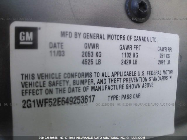 2G1WF52E649253617 - 2004 CHEVROLET IMPALA Boz foto 9