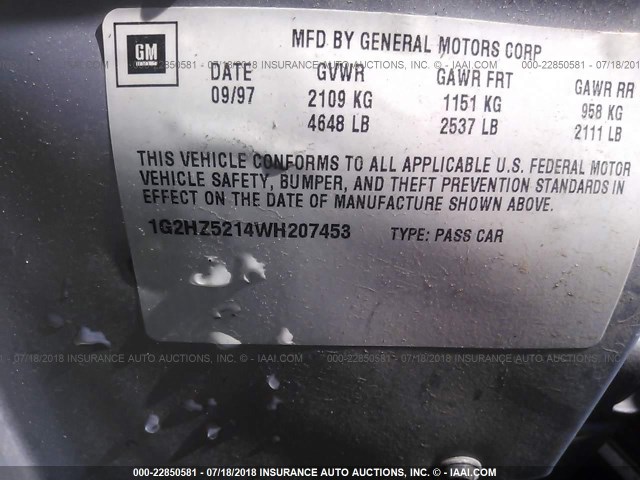 1G2HZ5214WH207453 - 1998 PONTIAC BONNEVILLE SSEI GRAY photo 9